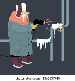 Senior Man Attempting To Thaw Frozen Pipes With A Blow Dryer, EPS 8 Vector Illustration