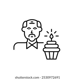 Senior man avatar and cupcake with lit candle. Birthday party, user milestone celebration. Pixel perfect, editable stroke icon