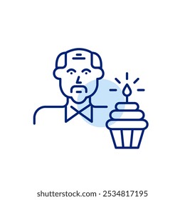 Senior man avatar and cupcake with lit candle. Birthday party, user milestone celebration. Pixel perfect vector icon