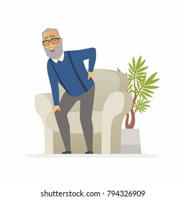 Senior man with a backache - cartoon people characters isolated illustration on white background. An elderly person trying to stand, but feels the pain. An image of a chair, a plant. Medical concept