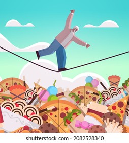 senior man balancing on rope above junk food assortment of fast food unhealthy nutrition junkfood addiction concept vertical full length vector illustration