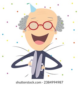 Senior man banging pot lids in the new year. New Year's Tradition. Vector Illustration.