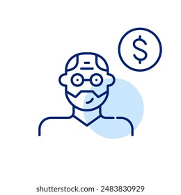 Senior man with bear in glasses and dollar sign. Elderly wealth management. Retirement financial plans. Pixel perfect, editable stroke icon