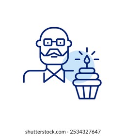 Senior man with beard and glasses, cupcake and lit candle. Joyful celebration, birthday party or important milestone. Pixel perfect vector icon