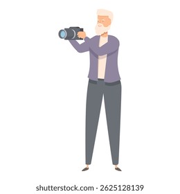 Senior man with a beard is standing and taking a picture with a professional camera