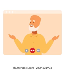 Senior man with a beard is waving and talking during a work video call