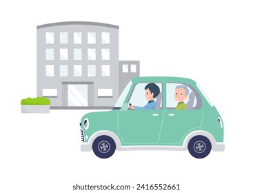 Senior man being picked up by car.Vector art that is easy to edit.