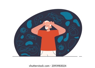 Hombre mayor con pensamientos desconcertados a su alrededor en un fondo oscuro. Síntomas dementistas, pérdida de memoria, desorientación, enfermedad del alzheimer. Concepto de enfermedad mental. Ilustración vectorial plana moderna 
