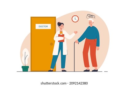 Un anciano con pensamientos desconcertados va a ver a un doctor. Tratamiento de demencia, pérdida de memoria, desorientación, enfermedad de alzheimer. Concepto de enfermedad mental. Ilustración vectorial plana moderna 