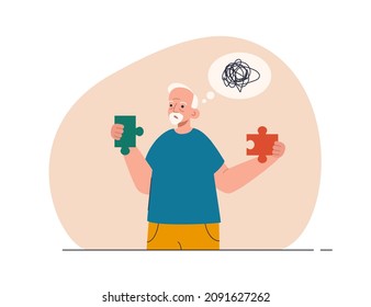 Senior man with bewildered thoughts in the speech bubble holding puzzle pieces. Dementia, memory loss, disorientation, alzheimer disease. Mental illness concept. Modern flat vector illustration 