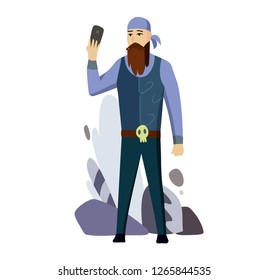 Senior Man Biker Talking Cell Smart Phone Flat Vector Illustration. Man with a beard photographs. Sephi vector concept.