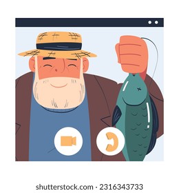 Senior man blogger showing caught fish to camera for his lifestyle vlog. Vlogger recording video for social media vector illustration