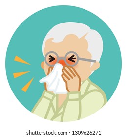 Senior man blowing nose with a tissue - Circular icon