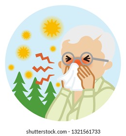 Senior man blowing nose with a tissue - Hay fever concept art