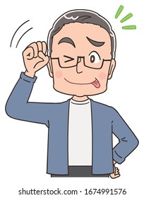 A senior man in blue-grey clothes.He has positive emotions.