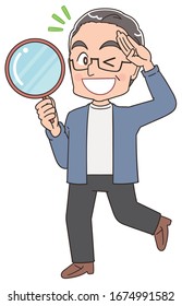 A senior man in blue-grey clothes.He has positive emotions.