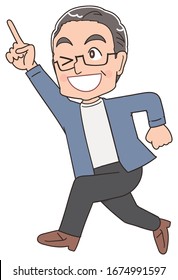 A senior man in blue-grey clothes.He has positive emotions.