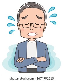 A senior man in blue-grey clothes.He has negative emotions.