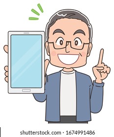 A senior man in blue-grey clothes.He uses a smartphone.