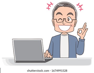 A senior man in blue-grey clothes.He uses a personal computer.