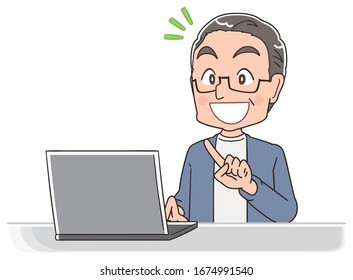A senior man in blue-grey clothes.He uses a personal computer.