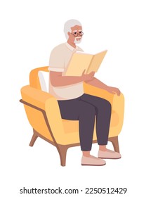 Senior man with book sitting in armchair semi flat color vector character. Editable figure. Full body person on white. Simple cartoon style illustration for web graphic design and animation