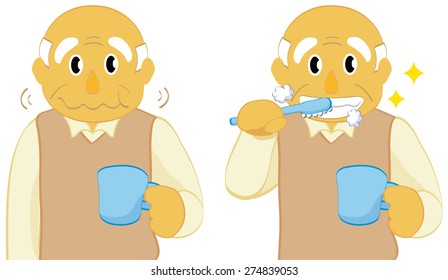Senior man brushing his teeth and rinsing his mouth with water 