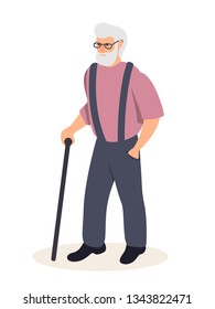 Senior man with cane flat vector illustration. Old male cartoon character in glasses. Grey haired grandfather walking in park. Confident person. Healthy lifestyle. Outdoor activity for retired people