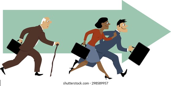 Senior man with a cane having problem to keep up with younger colleagues, vector illustration, EPS 8