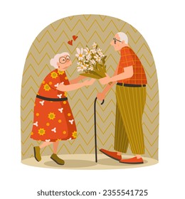 Senior man with cane holding big bouquet of beautiful flowers and giving it to old woman. Happy old age concept. Vector flat illustration in green and red colors in cartoon style