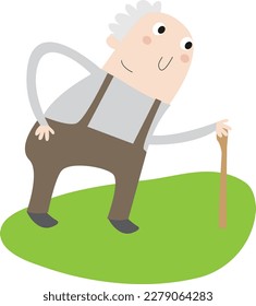 A senior man with a cane standing on a green lawn.