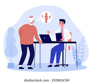 Senior man with cane visiting doctor. Arthritis, bones disease, joint inflammation. Flat vector illustration. Healthcare, elderly age concept for banner, website design or landing web page