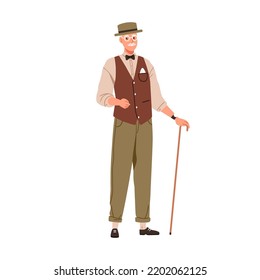 Senior man with cane, wearing elegant clothes and hat. Elderly gentleman in fashion apparel, vest and bow. Old aged noble person portrait. Flat graphic vector illustration isolated on white background