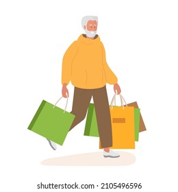 Senior man carries Shopping Packages. Mature Cartoon character after successful shoping. Elderly man with colorful shopping bags in hands. Hand drawn Vector illustration on white background