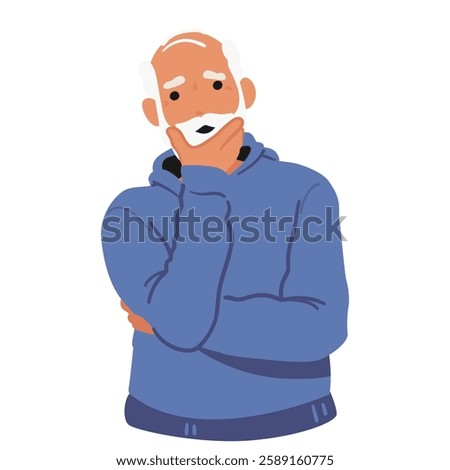 Senior man cartoon character looking for solution finding answer making decision isolated portrait. Aged male personage showing pondering gesture feeling confusion and forgetful vector illustration