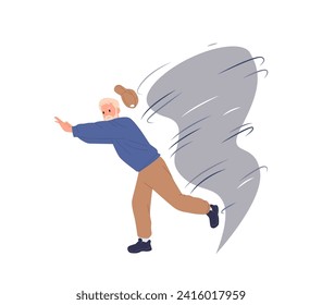 Senior man cartoon character running away from dangerous tornado natural disaster isolated on white