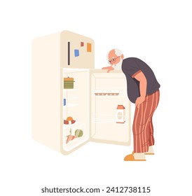 Personaje de caricatura de alto rango buscando comida mirando repisas en un refrigerador de cocina abierta