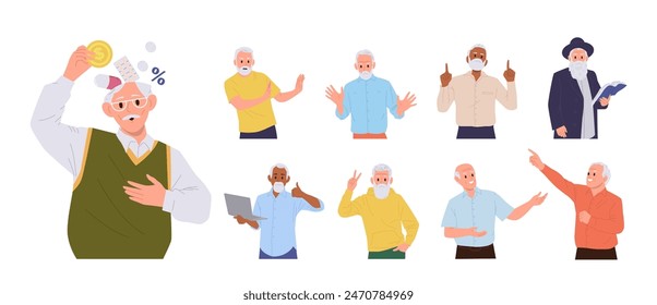 Senior man cartoon characters with different activities and professional occupation set on white