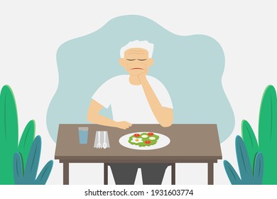 Senior man cartoon does not want to eat breakfast. Eating disorder vector concept