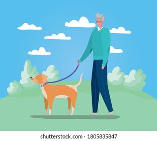 Senior man cartoon with dog walking at park design, Outdoor activity theme Vector illustration