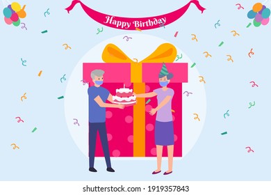 Senior man cartoon in face mask giving birthday cake to his wife with gift boxes background. Vector flat illustration
