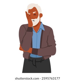 Senior man cartoon grandparent character making facepalm gesture feeling shame due to mistake, frustration, age memory problems vector illustration. Worried unhappy retiree negative emotions