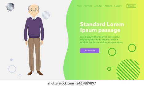 Senior man in casual clothes. Happy grandfather in sweater and trousers flat vector illustration. Retirement, family, old age concept for banner, website design, landing page