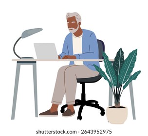 Senior man in casual clothes sitting at desk with laptop, table lamp, and potted plants. Home office or remote work concept. Vector illustration isolated on white background.