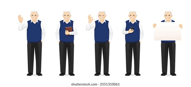 Senior man in casual outfit standing and showing different gestures. Isolated vector illustration set