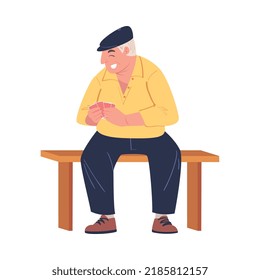 Senior Man Character in Cap Playing Cards Game Sitting on Chair Vector Illustration