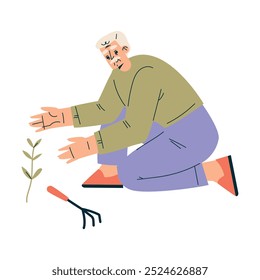 Senior Man Character Gardening Sit on Ground with Rake Vector Illustration