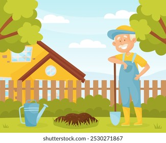 Personagem Sênior Jardinagem Trabalho no Quintal com Pá Vetor Ilustração