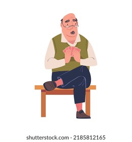 Senior Man Character in Glasses Playing Cards Game Sitting on Chair Vector Illustration