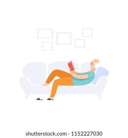 Senior man character lying on the sofa and reading a book, elderly people leading an active lifestyle social concept vector Illustration on a white background